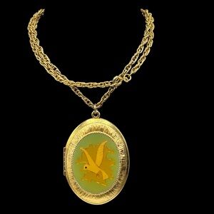 Large Vintage Dove ( or Bird) Brushed Gold Tone Locket Necklace